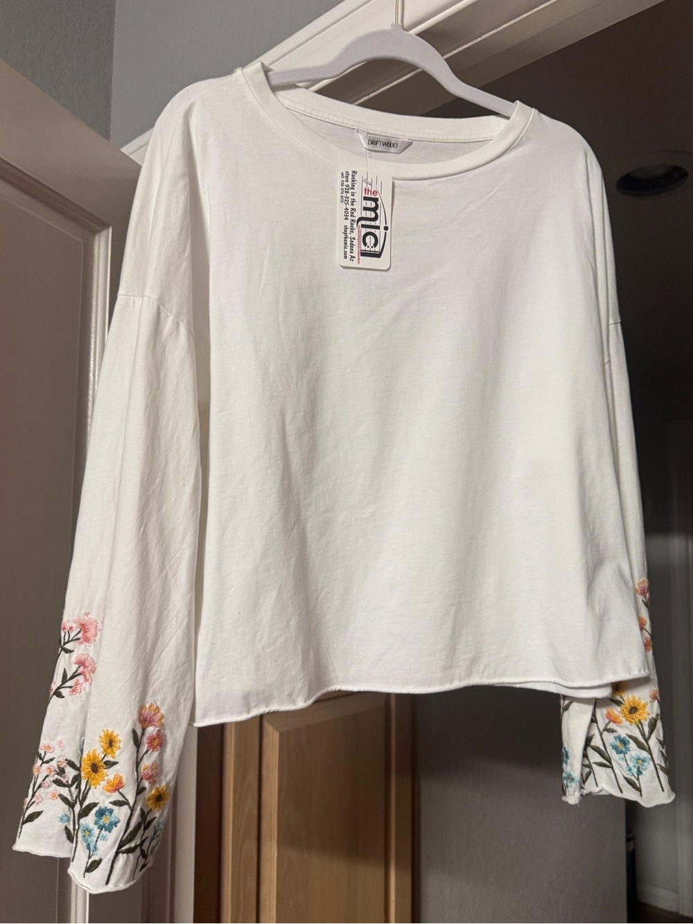 DRIFTWOOD White Bell-Sleeve Top with Floral Embroidery